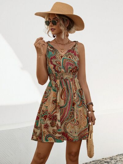 Smocked Printed V-Neck Mini Dress |1mrk.com