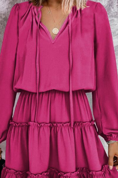 Frill Tie Neck Balloon Sleeve Dress | Trendsi