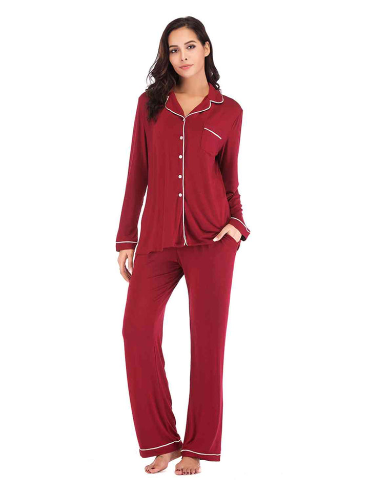 Collared Neck Long Sleeve Loungewear Set with Pockets | 1mrk.com