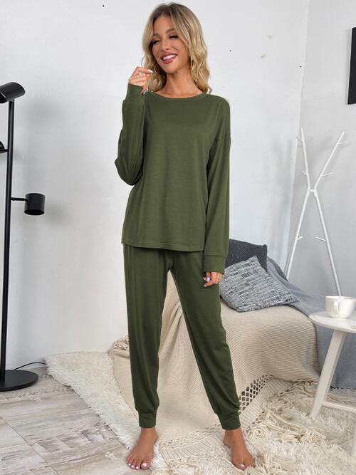 Round Neck Top and Drawstring Pants Lounge Set | 1mrk.com