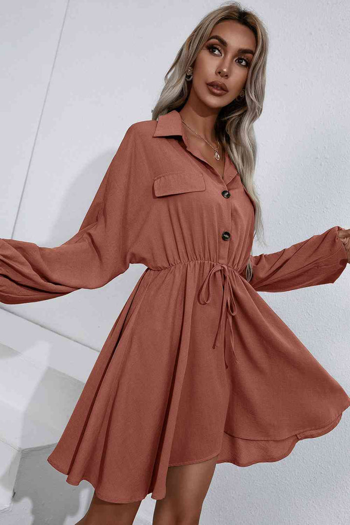 Collared Tie Waist Button Up Shirt Dress |1mrk.com