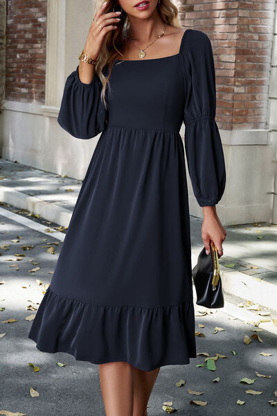 Square Neck Balloon Sleeve Midi Dress |1mrk.com