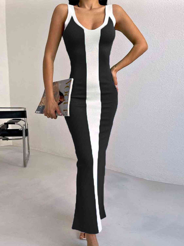 Contrast Wide Strap Slit Midi Dress |1mrk.com