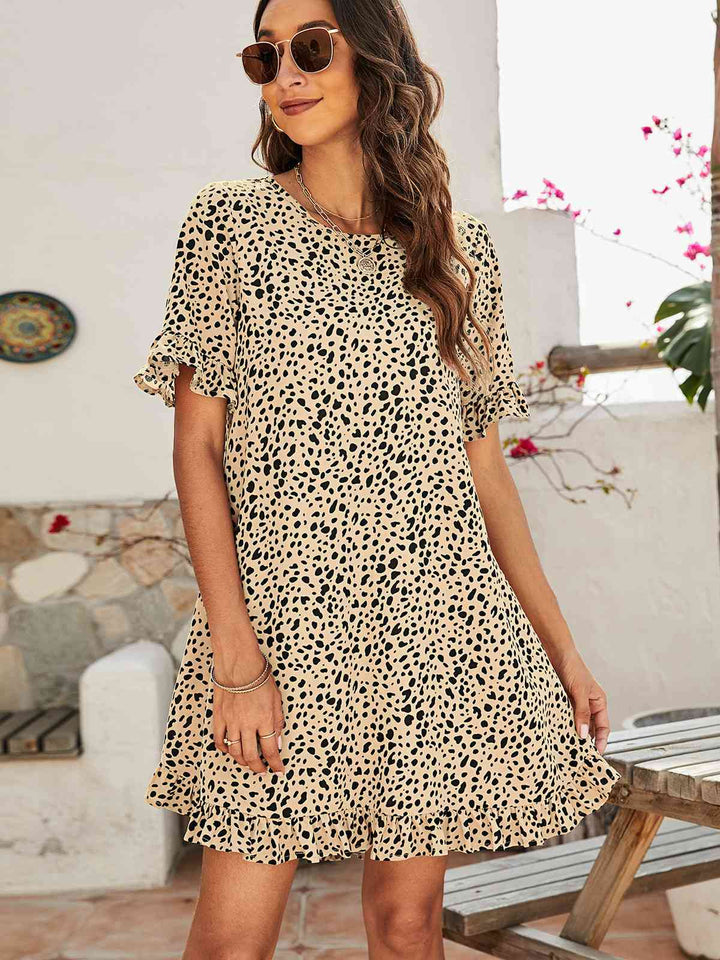 Printed Flounce Sleeve Ruffle Hem Dress |1mrk.com