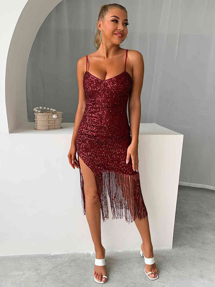 Sequin Fringe Spaghetti Strap Dress | 1mrk.com