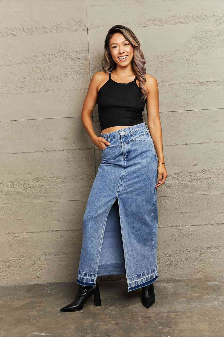 Front Slit Maxi Denim Skirt |1mrk.com