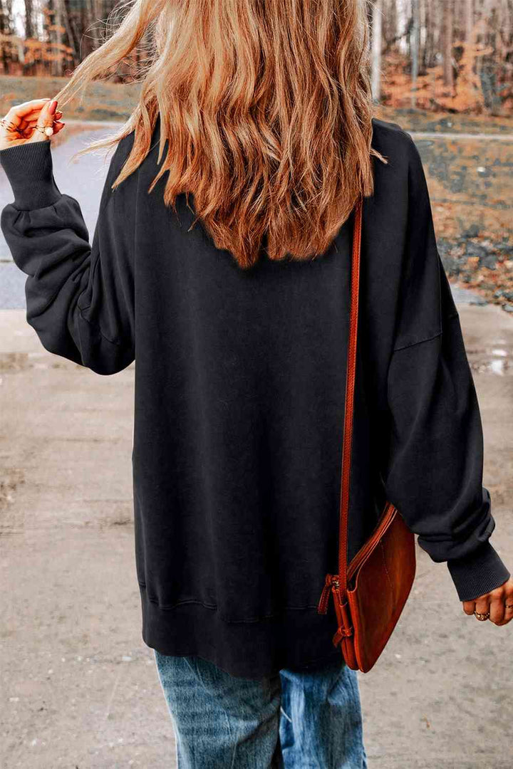 Round Neck Drop Shoulder Slit Graphic Sweatshirt |1mrk.com