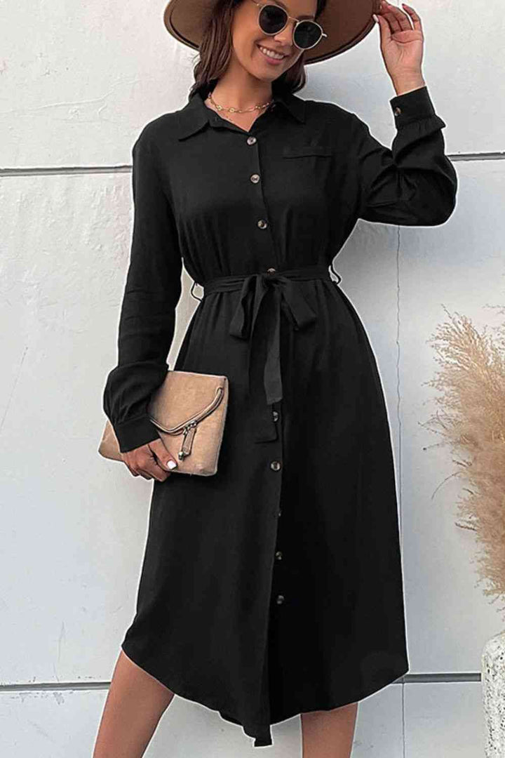 Curved Hem Belted Long Sleeve Shirt Dress |1mrk.com