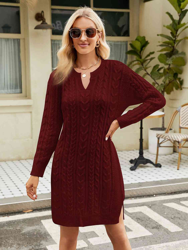 Notched Neck Cable-Knit Slit Sweater Dress | 1mrk.com