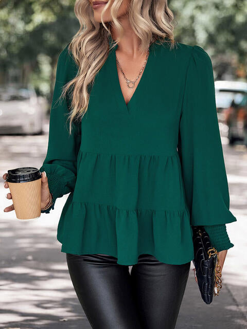 Notched Neck Lantern Sleeve Blouse |1mrk.com