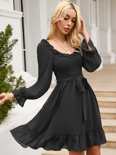 Tie Front Ruffle Hem Smocked Dress |1mrk.com