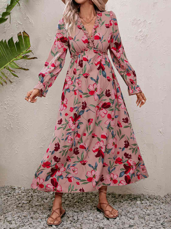 Floral Frill Trim V-Neck Maxi Dress | 1mrk.com