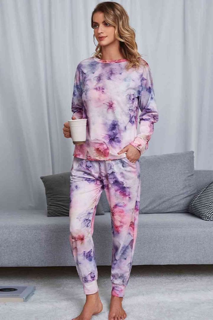 Tie-Dye Crewneck Top and Drawstring Waist Joggers Lounge Set | 1mrk.com