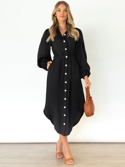 Drawstring Button Up Balloon Sleeve Dress |1mrk.com