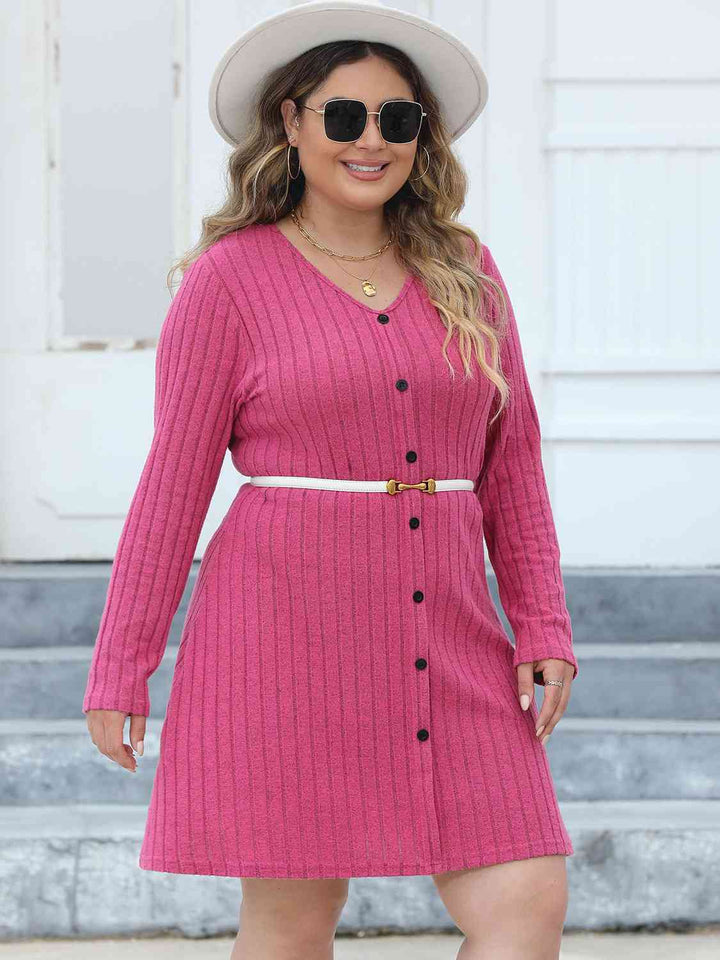 Plus Size Ribbed Buttoned V-Neck Long Sleeve Dress |1mrk.com