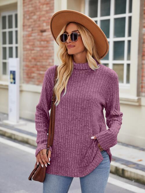 Ribbed Turtleneck Long Sleeve Slit Knit Top | 1mrk.com