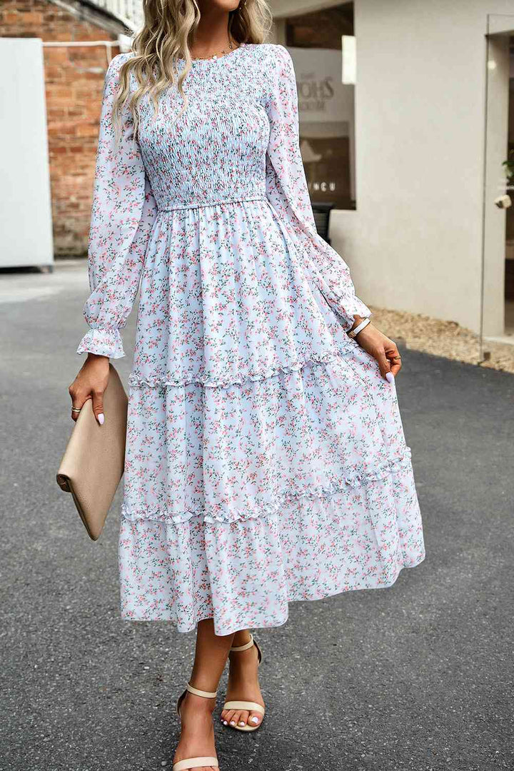 Smocked Flounce Sleeve Midi Dress | 1mrk.com