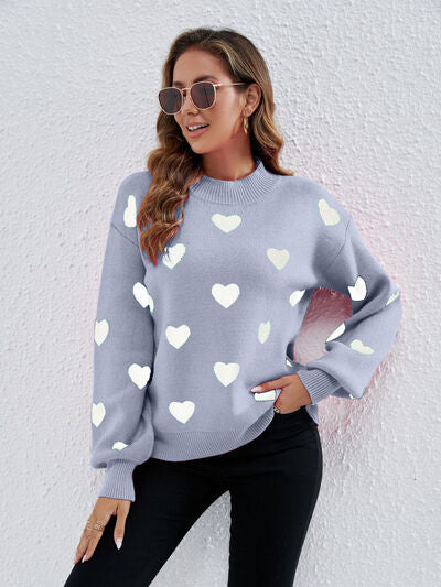 Heart Round Neck Dropped Shoulder Sweater |1mrk.com