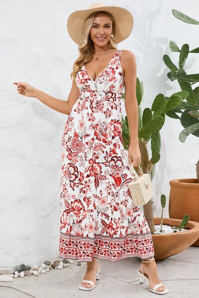 Printed V-Neck Wide Strap Dress |1mrk.com