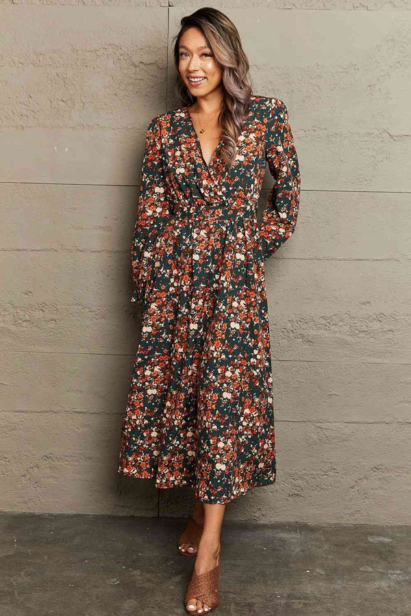 Printed Surplice Neck Long Sleeve Dress | 1mrk.com