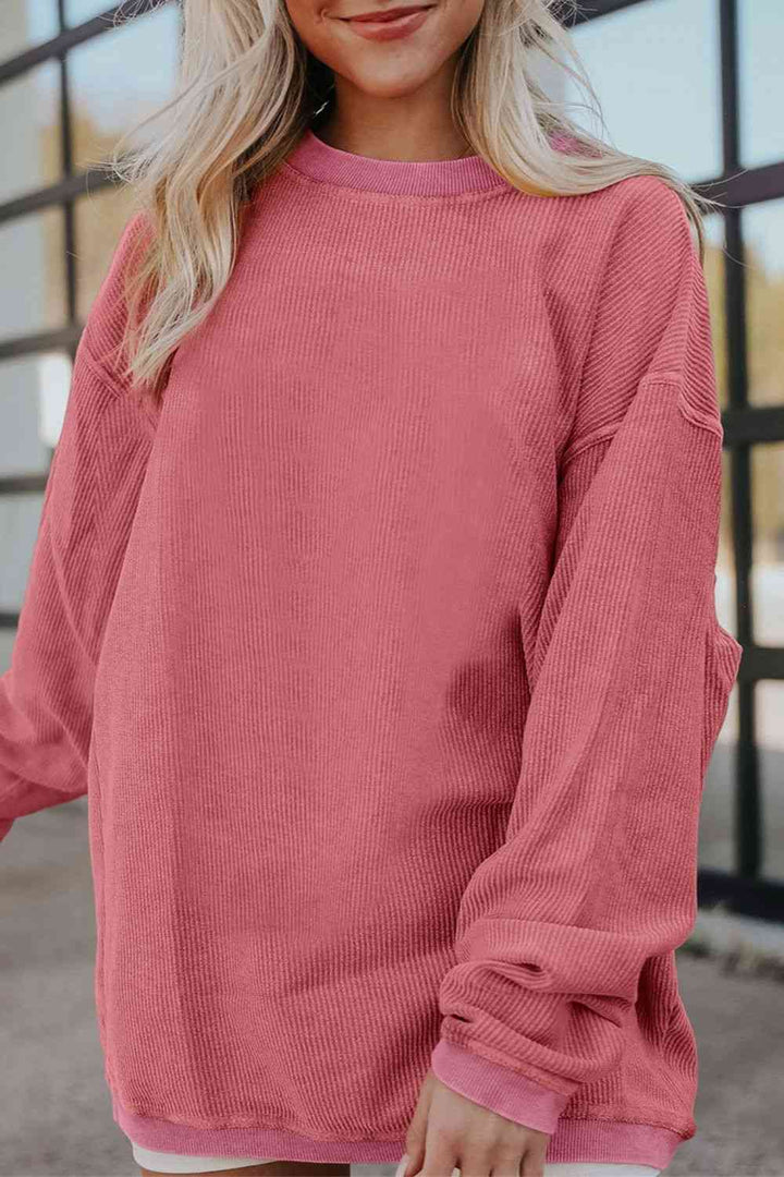 Ribbed Round Neck Drop Shoulder Sweatshirt |1mrk.com