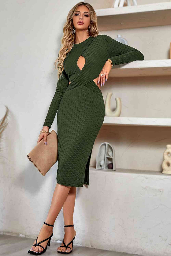 Cutout Crisscross Round Neck Long Sleeve Dress |1mrk.com