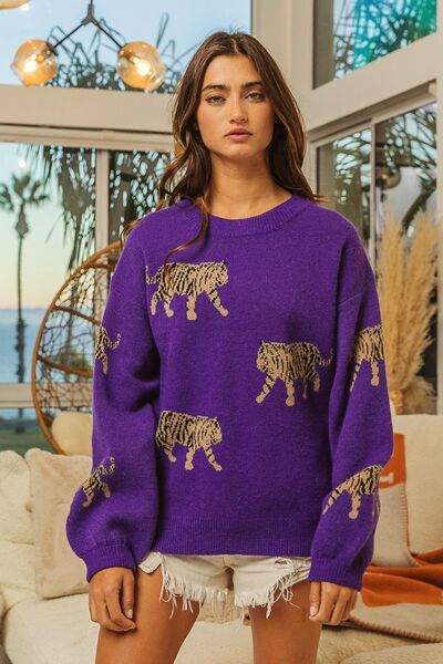 BiBi Tiger Pattern Long Sleeve Sweater | Trendsi