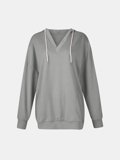 Drawstring V-Neck Long Sleeve Hoodie | 1mrk.com