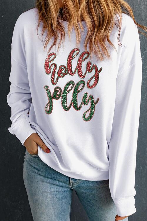 Sequin Round Neck Dropped Shoulder Sweatshirt |1mrk.com