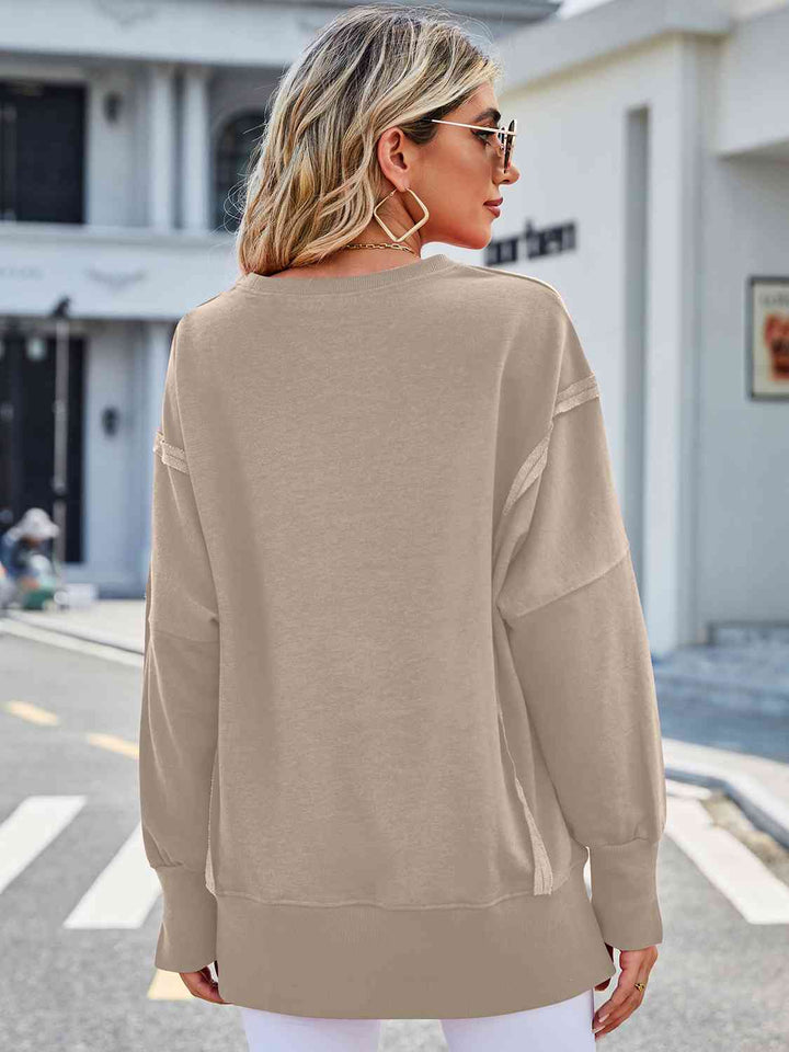 Exposed Seam High-Low Round Neck Sweatshirt |1mrk.com