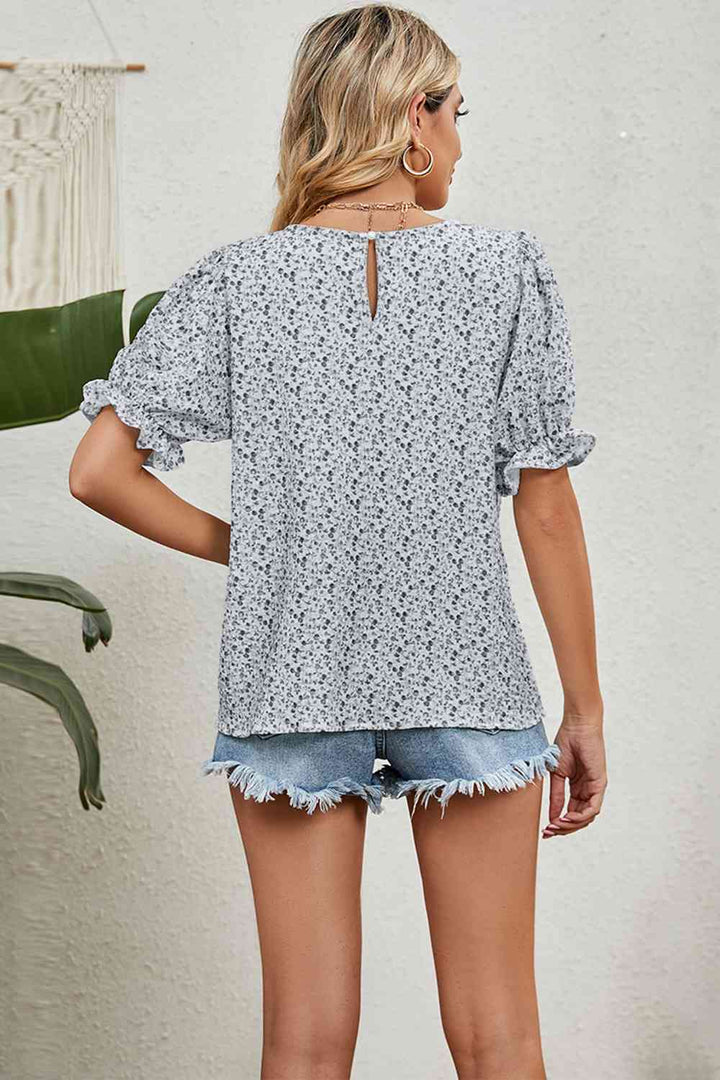 Round Neck Flounce Sleeve Blouse | 1mrk.com