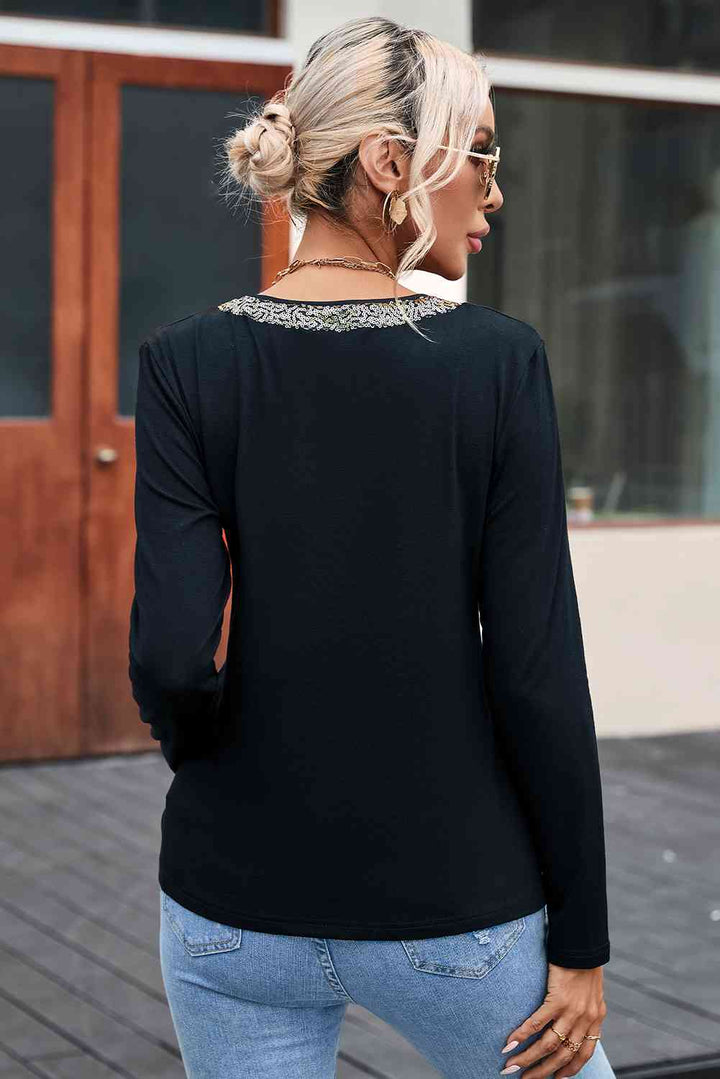 Sequin Contrast Long Sleeve T-Shirt | 1mrk.com