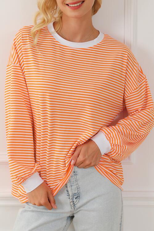 Striped Round Neck Long Sleeve Sweatshirt |1mrk.com