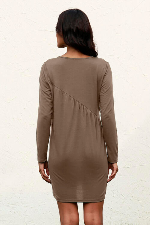 Ruched Round Neck Long Sleeve Dress | 1mrk.com