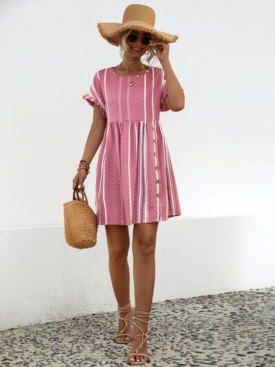 Striped Polka Dot Frill Short Sleeve Mini Dress |1mrk.com