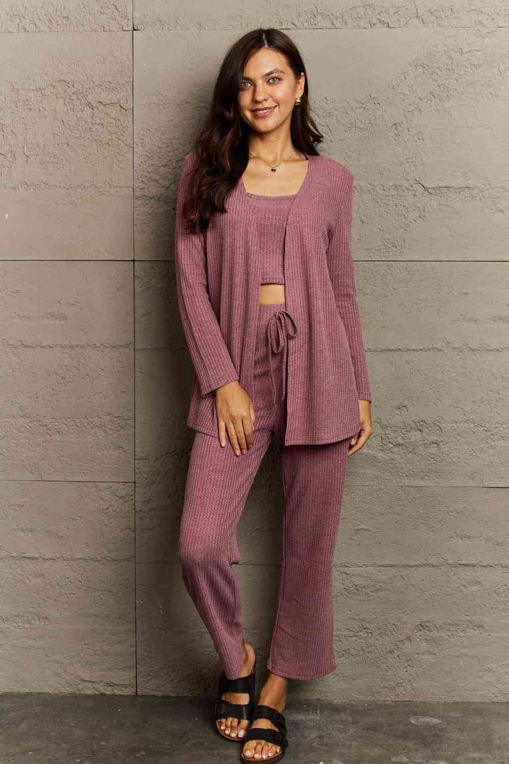 Ninexis Full Size Cropped Top, Long Pants and Cardigan Lounge Set | 1mrk.com