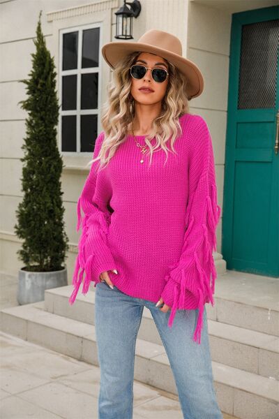 Fringe Round Neck Dropped Shoulder Sweater |1mrk.com