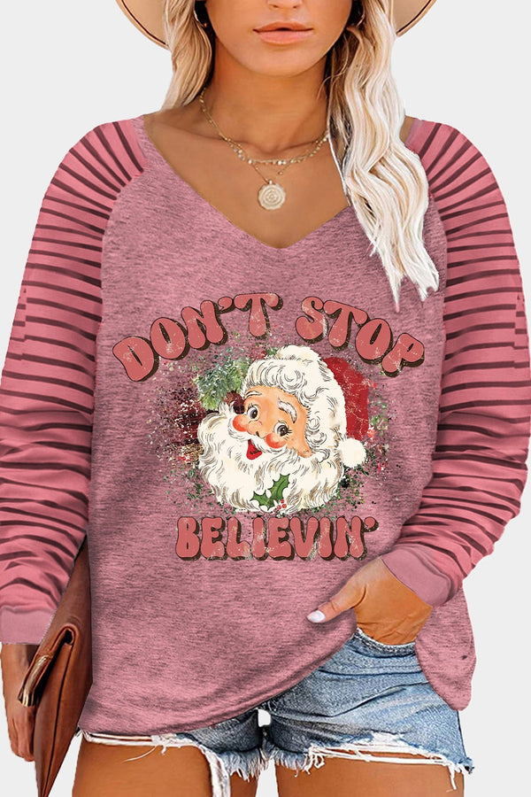 Plus Size DON'T STOP BELIEVIN Striped Long Sleeve T-Shirt | Trendsi