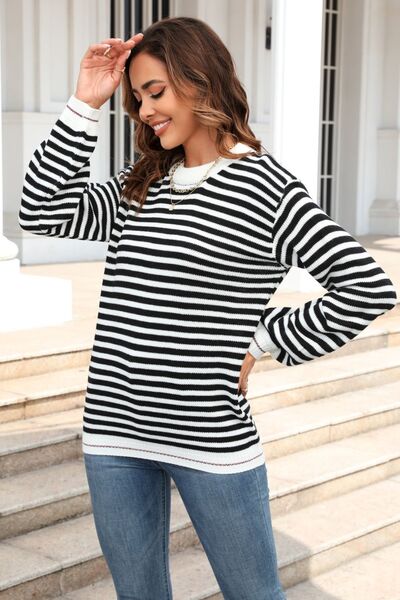 Striped Round Neck Dropped Shoulder Sweater |1mrk.com