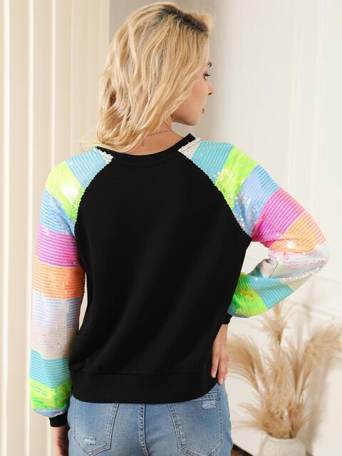 Sequin Round Neck Color Block  Sleeve Sweatshirt |1mrk.com