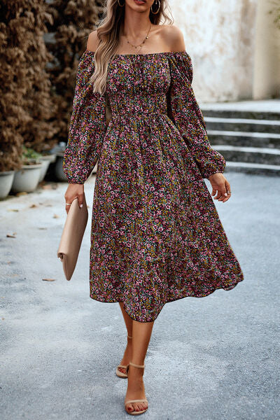 Printed Balloon Sleeve Pocketed Midi Dress |1mrk.com