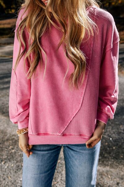 Exposed Seam Round Neck Long Sleeve Sweatshirt |1mrk.com