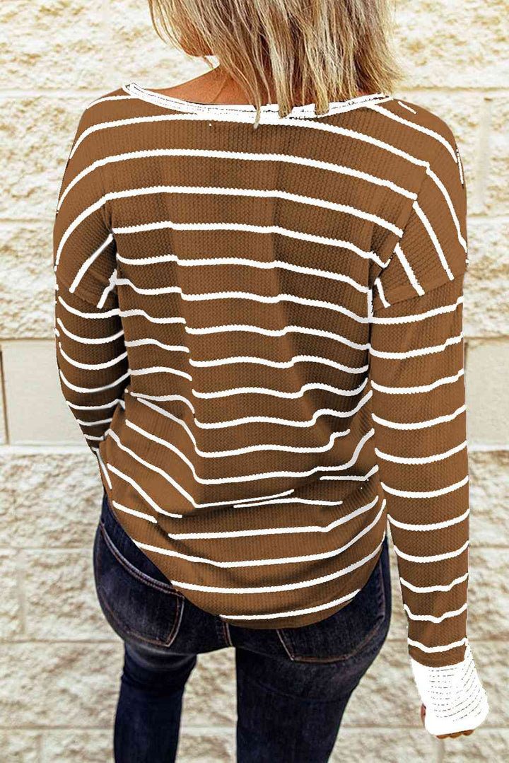 Striped Waffle Knit Henley Long Sleeve Top | 1mrk.com