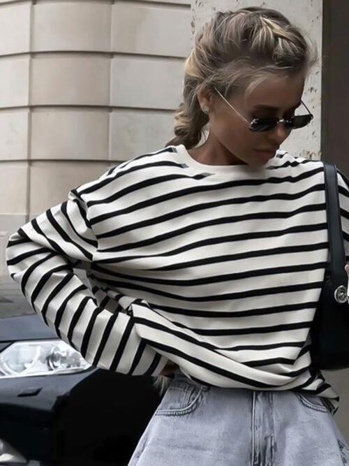 Striped Round Neck Long Sleeve T-Shirt | 1mrk.com