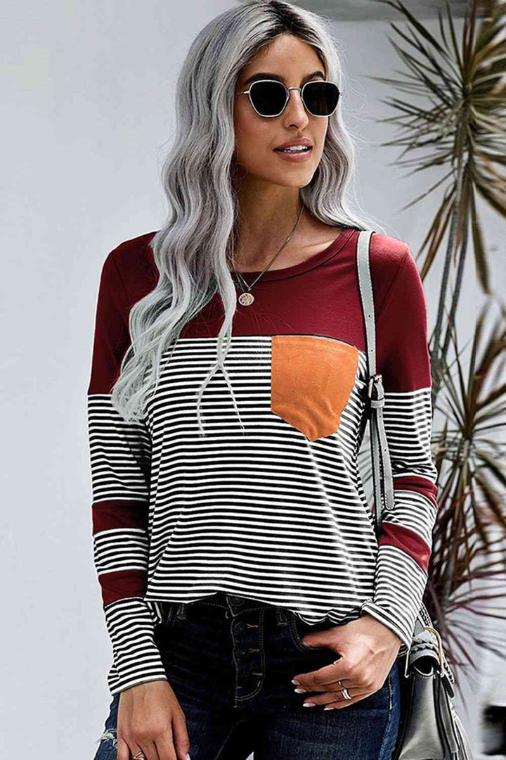 Striped Round Neck Long Sleeve T-Shirt | 1mrk.com