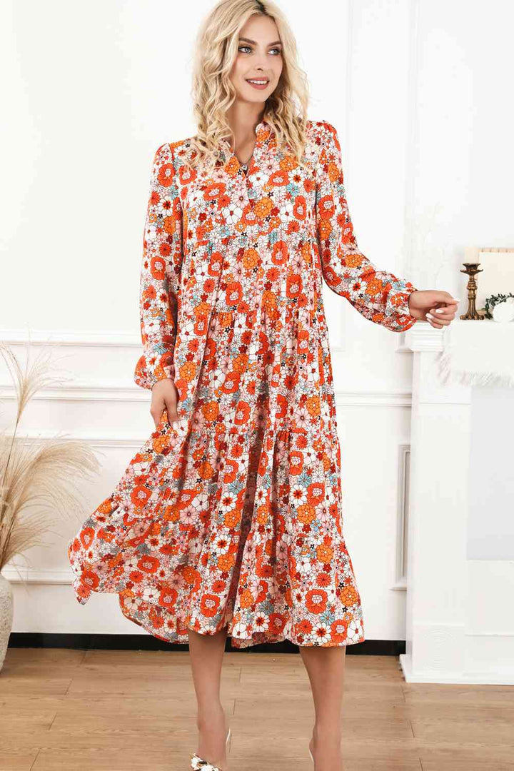 Floral Notched Neck Long Sleeve Dress |1mrk.com