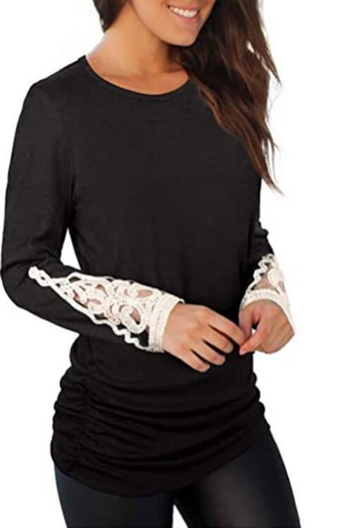 Lace Detail Long Sleeve Round Neck T-Shirt | 1mrk.com