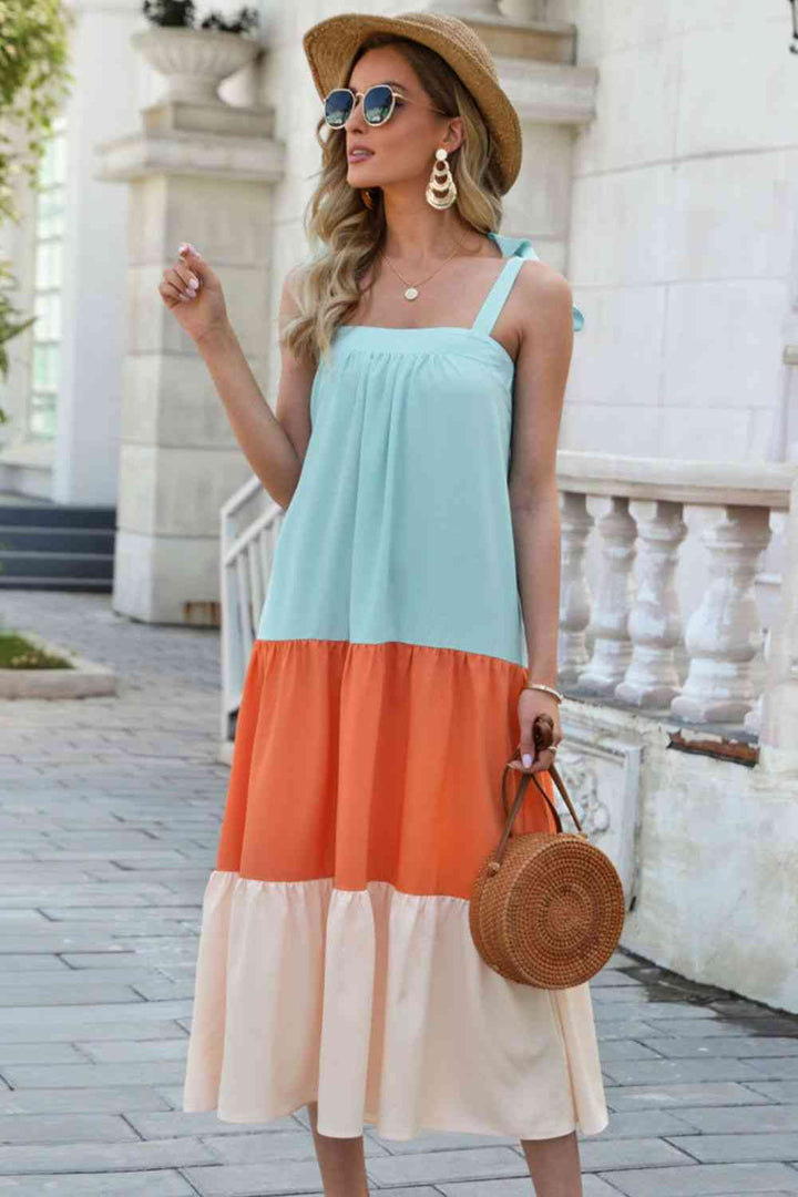 Color Block Tie-Shoulder Sleeveless Dress |1mrk.com