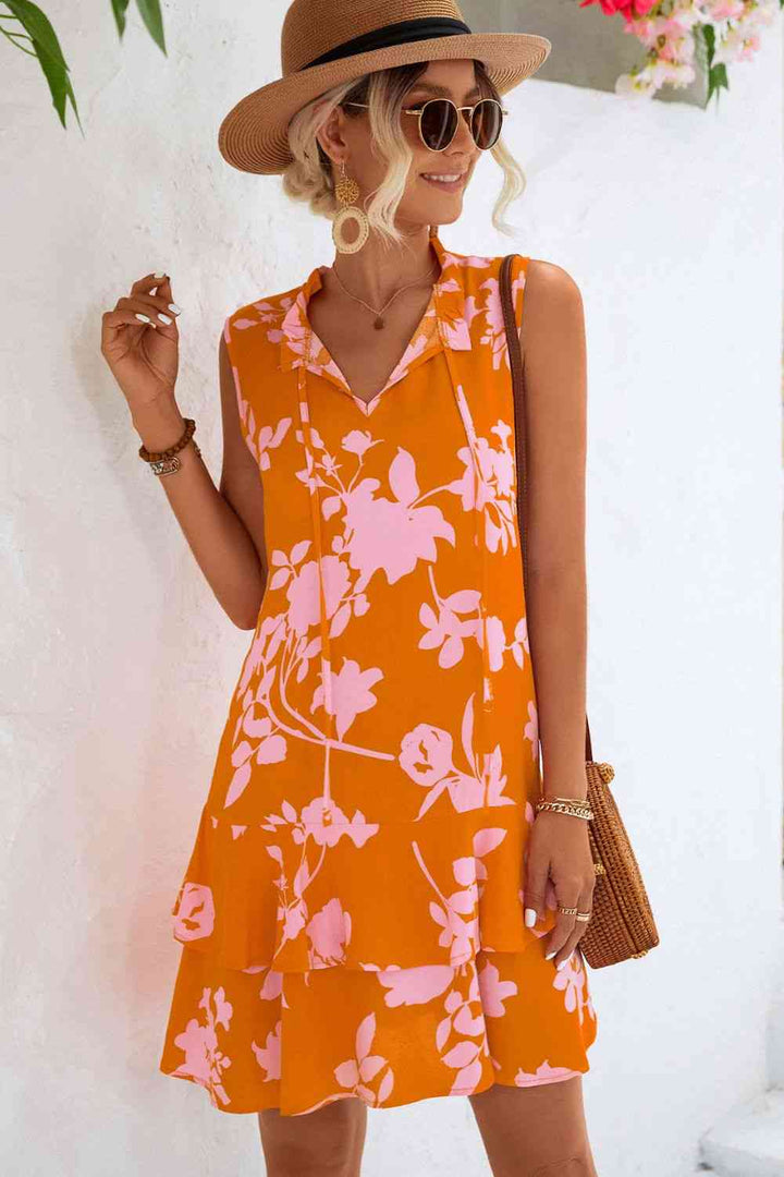 Floral Tie Neck Sleeveless Layered Dress |1mrk.com