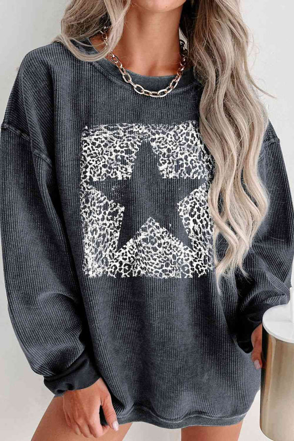 Round Neck Dropped Shoulder Star Graphic Sweatshirt |1mrk.com